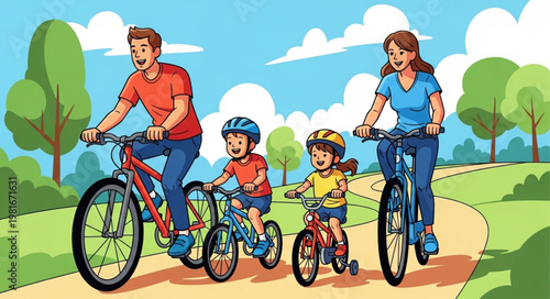 Family Biking Adventure - Parents and Children Enjoying a Bike Ride.