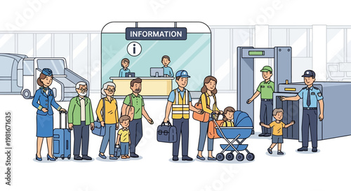Airport Security and Information Desk with Diverse Travelers