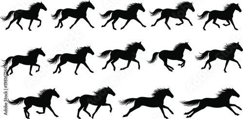 Multiple black horse silhouettes in various running poses on a white background galloping motion