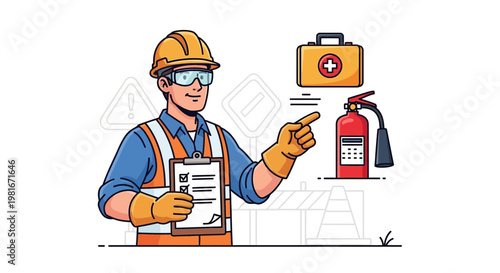 Construction worker with safety equipment: clipboard, first aid kit, fire extinguisher.