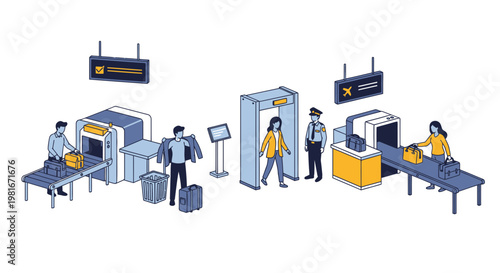 Airport Security Checkpoint: Passengers and Guards with X-ray Scanners and Metal Detector