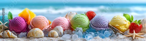Obraz  z motywem Colorful fruit ice creams on ice cubes, each paired with fresh fruit, placed on a sandy beach with seashells, starfish, and waves in the background. A vibrant and refreshing summer composition.