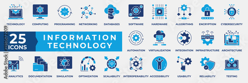 Information Technology Icon Set. Containing technology, computing, programming, networking, databases, software, hardware, algorithms, cybersecurity, automation. Simple Flat Blue Vector Illustration