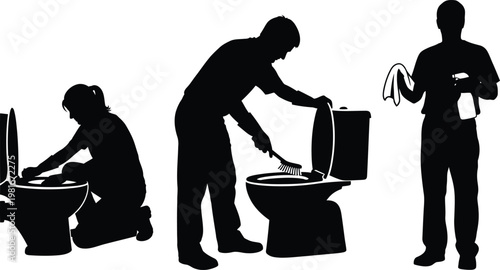 Silhouettes of people cleaning toilets with brushes and cloths bathroom hygiene sanitation