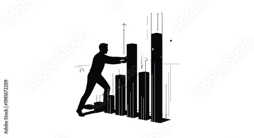 Businessman carefully adding a block to a growing bar chart illustrates the strategic planning and effort necessary for achieving professional growth and financial success in a competitive market.