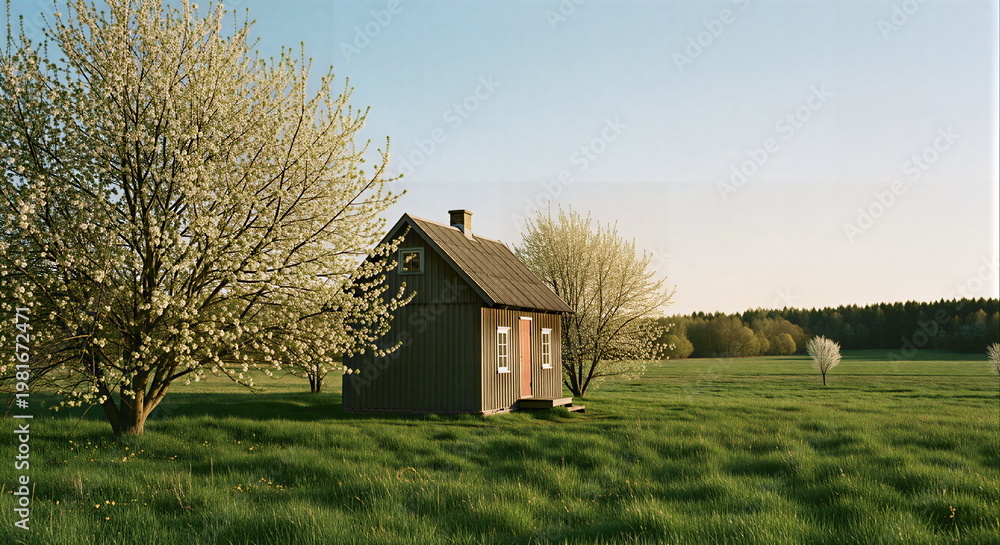 Fototapeta premium Small wooden cabin in a grassy field with flowering trees