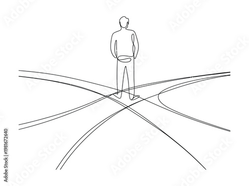 Man standing at crossroads with multiple paths ahead making a choice in life  uncertainty and decision making concept