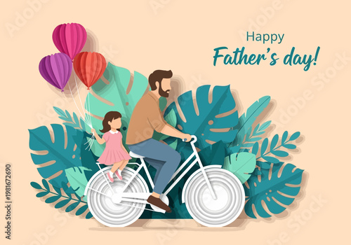 Happy Father's Day Paper Cut Illustration of a Father and Daughter Riding a Bicycle with Heart Balloons and Tropical Foliage