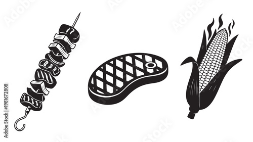 BBQ Meat Skewers Grilled Steak and Corn on Cob For Summer Food Concepts