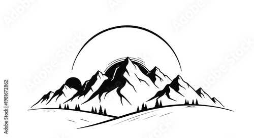 Mountain landscape illustration featuring tall peaks and a rising sun captures the raw beauty of nature and the serene atmosphere found within wild, untouched, and majestic alpine scenery.