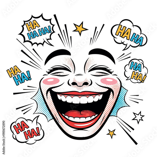 A stylized illustration of a face laughing heartily with comic book sound effects.