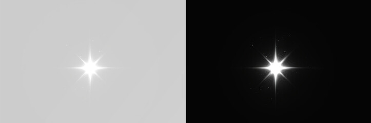 White sparkle light effect isolated on transparent background. Glowing silver white light. Shining star, light spark with rays. Light sparkle bling effect, overlay glowing explosion png effect