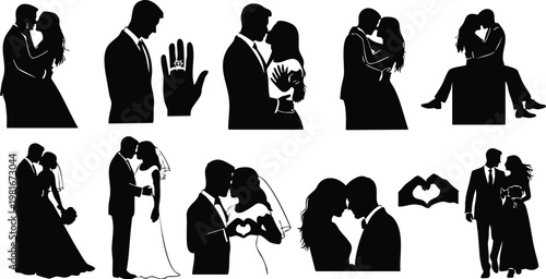 Romantic Wedding Couples and Engagement Love Silhouette Vector Set