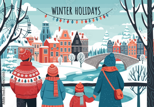Family in Winter Clothes Looking at a Snowy Town Landscape with Ferris Wheel and 'Winter Holidays' Greeting Illustration