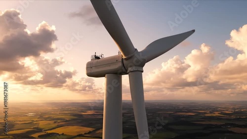 Wind turbine blades against sunset sky over rural landscape