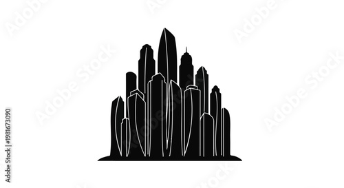 Skyscraper silhouette creates an iconic vision of a modern urban metropolis that represents economic growth, dense architectural development, and the bustling nature of global city centers.