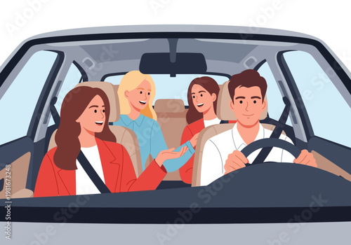 Carpooling and Ride Sharing Concept with Group of Happy Friends Traveling Together in a Vehicle, Vector Illustration