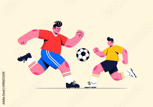 Stylized Illustration of Two Soccer Players Competing for a Ball. Modern Flat Vector Graphic of Football Players in Action During a Match with Grainy Texture.
