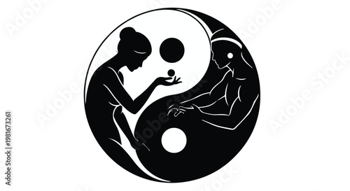 Yin and yang symbol featuring a man and woman silhouettes embodies the perfect balance of masculine and feminine energies within a spiritual and interconnected cosmic universal concept.