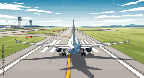 Airplane taxiing on airport runway towards takeoff, clear sky, modern airport infrastructure