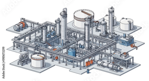Industrial Chemical Plant Isometric View: Refinery, Petrochemical, Manufacturing Facility