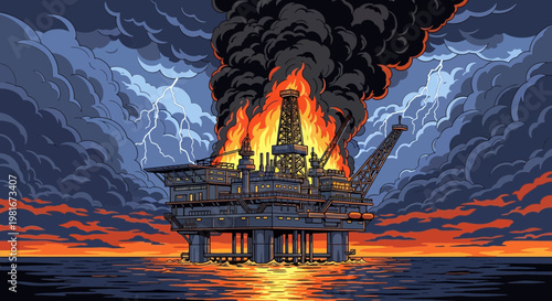 Oil rig explosion under stormy sky with lightning and fire, industrial disaster at sea.
