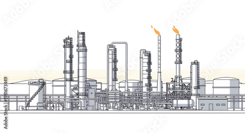 Industrial Oil Refinery Plant, Detailed Sketch, Energy Production, Chemical Manufacturing