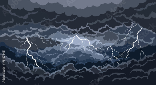 Dramatic Sky with Lightning Strikes Amidst Dark Storm Clouds