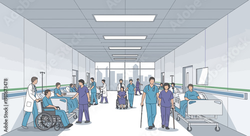 Hospital Corridor Scene with Medical Staff and Patients