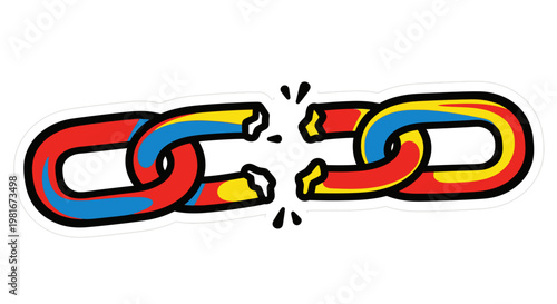 Broken Chain Link Vector Illustration, Colorful Hand Drawn Style Graphic Representing Disconnection, Severed Connection Concept for Business or Security Failure Themes