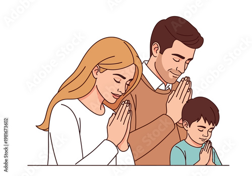Religious Family Praying Together with Folded Hands - Vector Illustration of Parents and Son in Spiritual Devotion