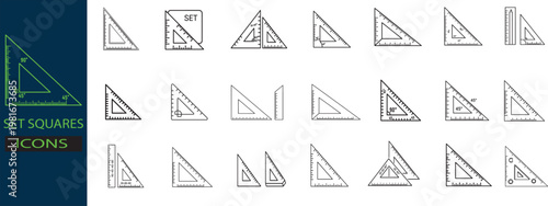 A collection of various set square icons and tools for drawing and measurement
