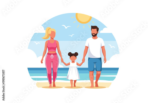 Happy Family Walking on Beach Summer Vacation Vector Illustration, Father Mother and Daughter Enjoying Seaside Holiday, Travel and Tourism Concept