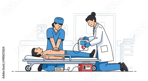 Medical Team Performing CPR and Defibrillation on Patient in Emergency Room