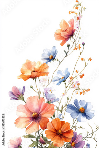Delicate watercolor bouquet of colorful cosmos flowers art
