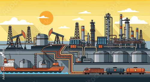 Oil extraction and refinery complex with tanker ship and train transport