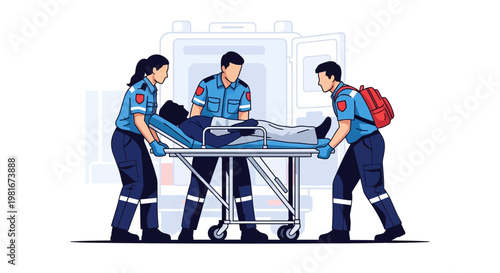 Paramedics Transporting Patient on Stretcher from Ambulance, Emergency Medical Service