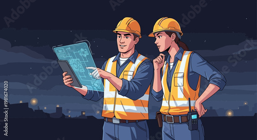 Construction workers reviewing blueprints on tablet at night