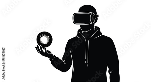 Person wearing a virtual reality headset interacts with a floating digital sphere representing the immersive future of modern entertainment and advanced interactive simulation technology design.