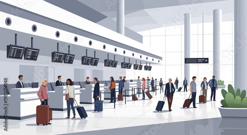 Busy airport terminal with diverse travelers at check-in counters and information displays
