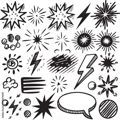 Collection of comic book style explosion and lightning bolt graphics