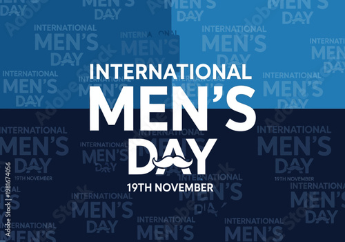 International Men's Day Greeting Banner with Mustache Icon on Blue Background for November 19 Celebration