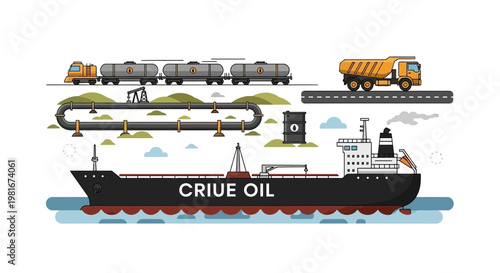 Oil Transportation: Tanker Ship, Train, Truck, Pipeline, and Oil Derrick