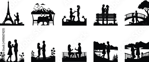Romantic Couple Marriage Proposal and Travel Destination Silhouette Set
