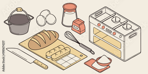 An isometric illustration depicting baking ingredients and kitchen tools