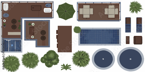 Overhead view of a resort layout featuring pools dining and vegetation