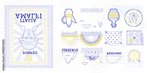 Collection of stylized hand drawn illustrations resembling vintage postage stamps