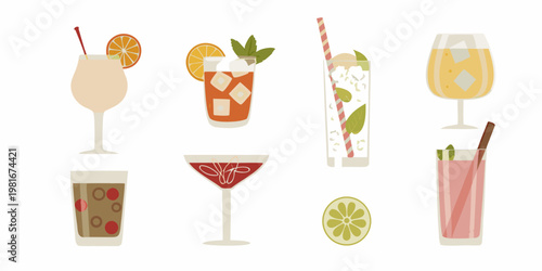 Variety of colorful summer cocktails and refreshing drinks illustrated in a row