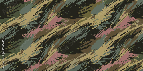 Abstract camouflage pattern with brushstroke like shapes in muted tones