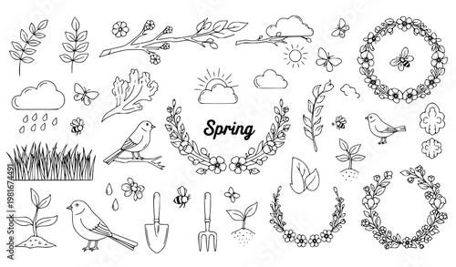 Spring black and white line art set – seasonal vector illustration collection